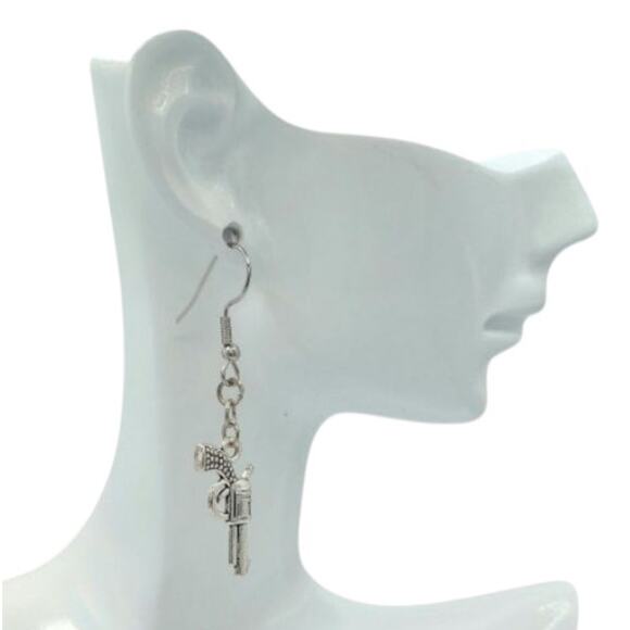 Western Revolver Earrings Silver Tone Pistol Dangles - Picture 2 of 3